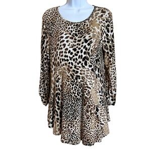 Bobeau Womens Leopard Print Tunic Top M Brown Black Stretch Mob Wife Comfy Soft